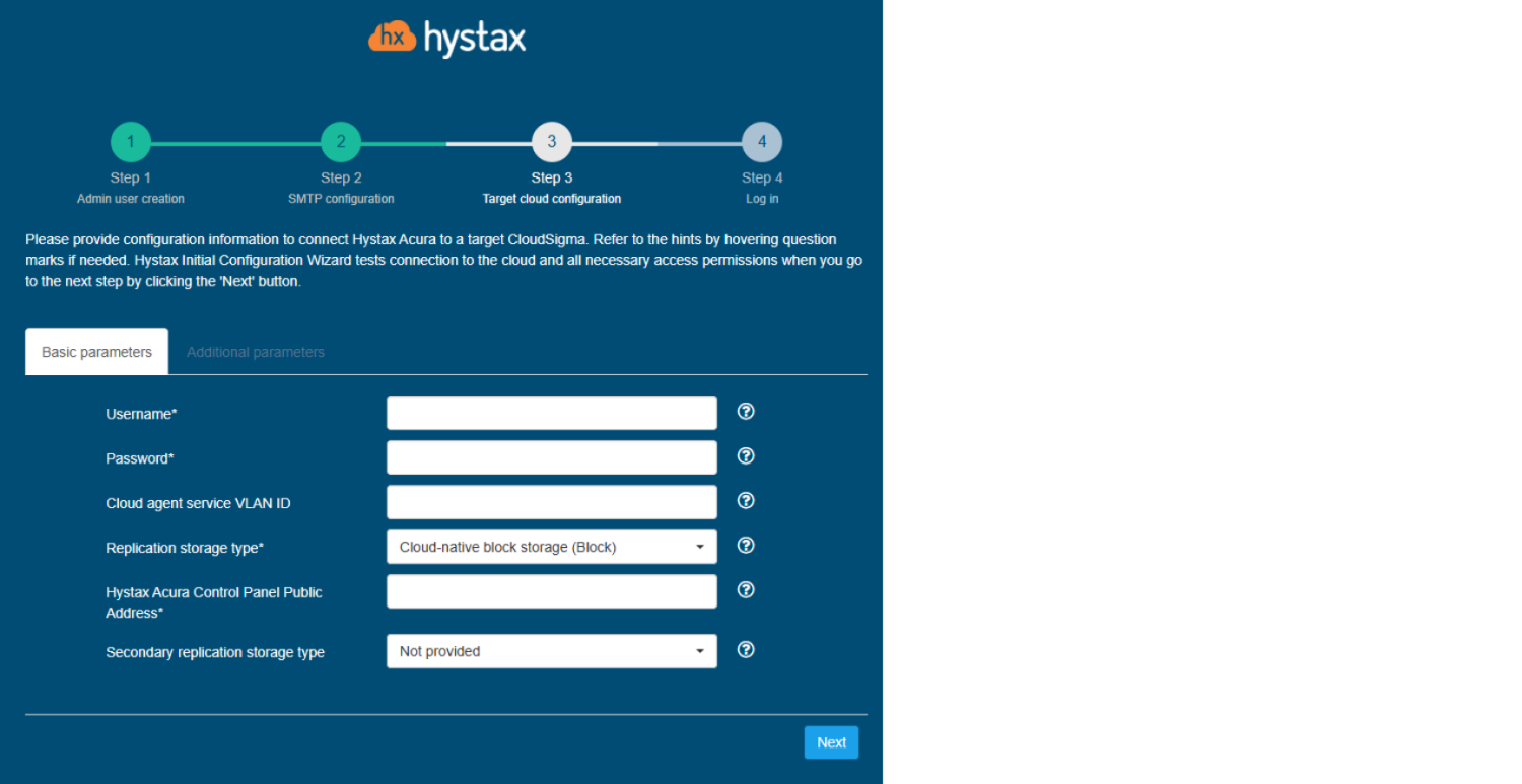 Initial product configuration - Setup Wizard Step 3: CloudSigma target cloud configuration