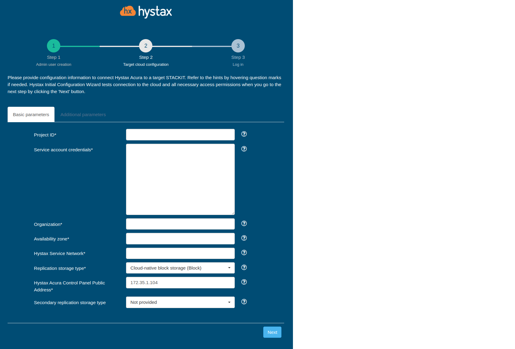 Initial product configuration - Setup Wizard Step 3: STACKIT target cloud configuration