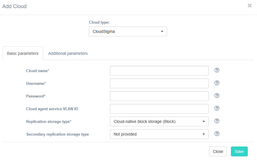 Target cloud configuration - CloudSigma Manage Clouds dialog with Basic Parameters tab