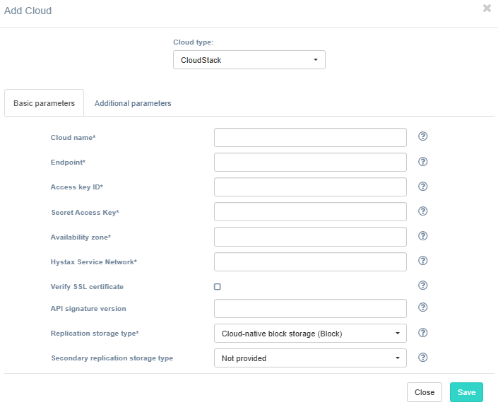 Target cloud configuration - CloudStack Manage Clouds dialog with Basic Parameters tab