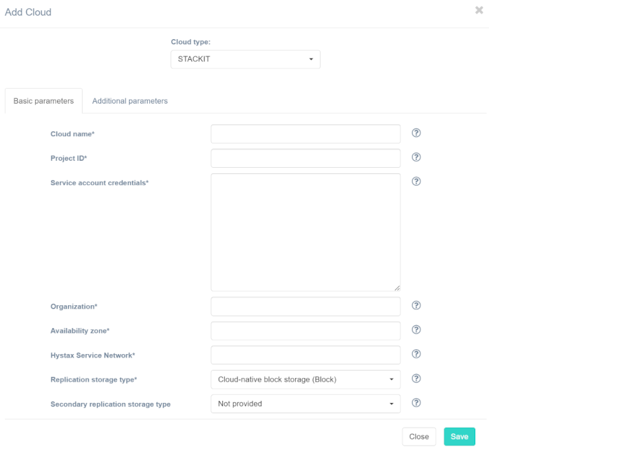 Target cloud configuration - STACKIT Manage Clouds dialog with Basic Parameters tab