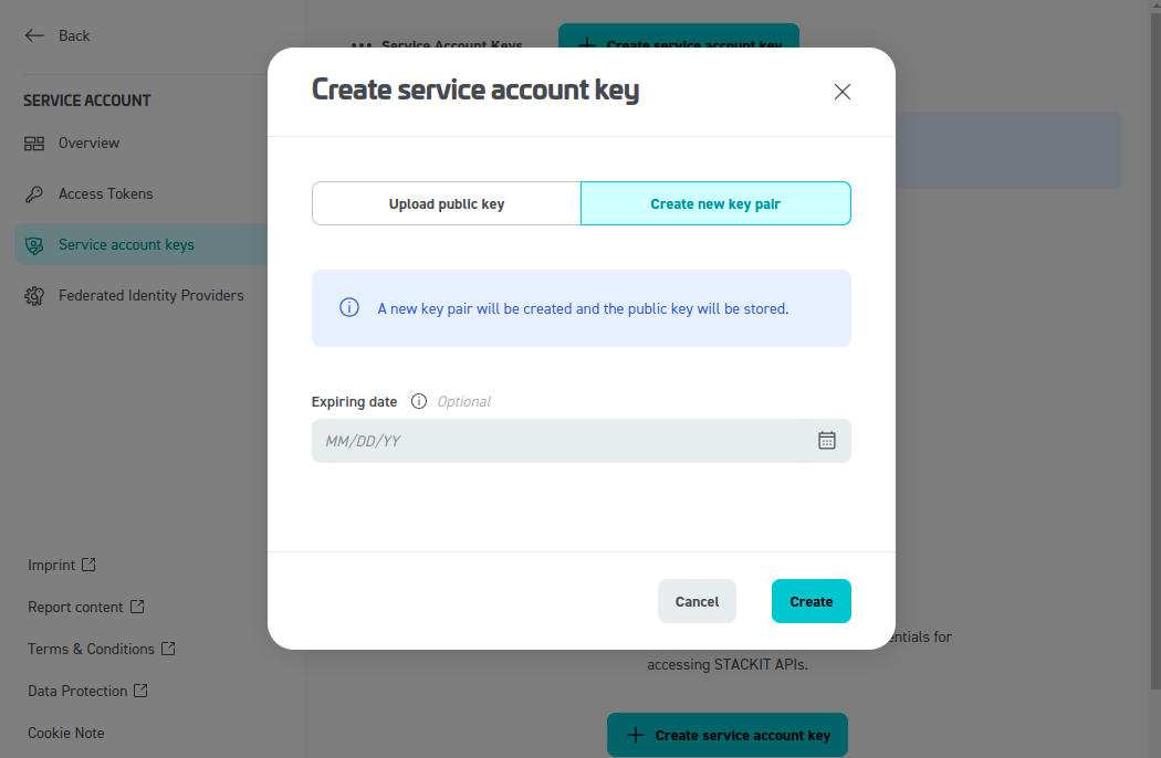 STACKIT initial configuration - Create service account key dialog