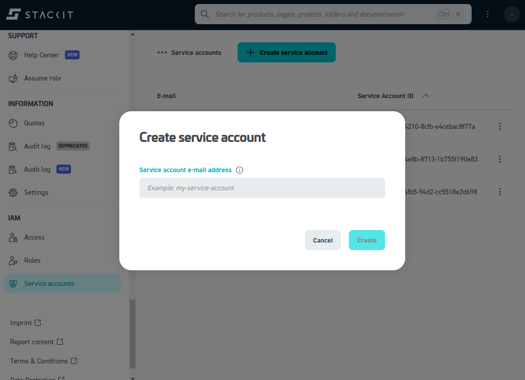 STACKIT initial configuration - Create service account dialog