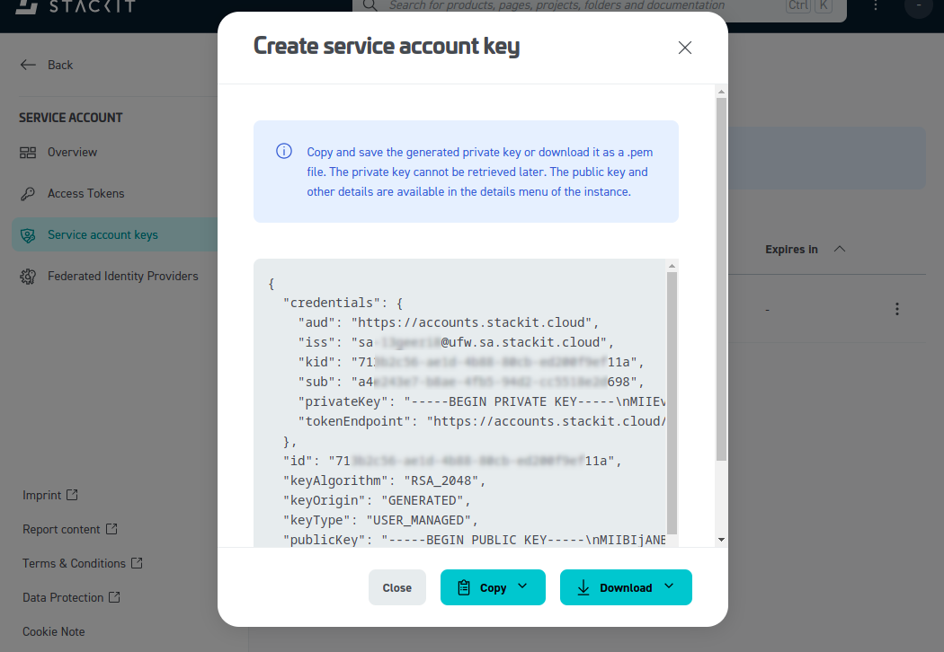 STACKIT initial configuration - Generated service account credentials