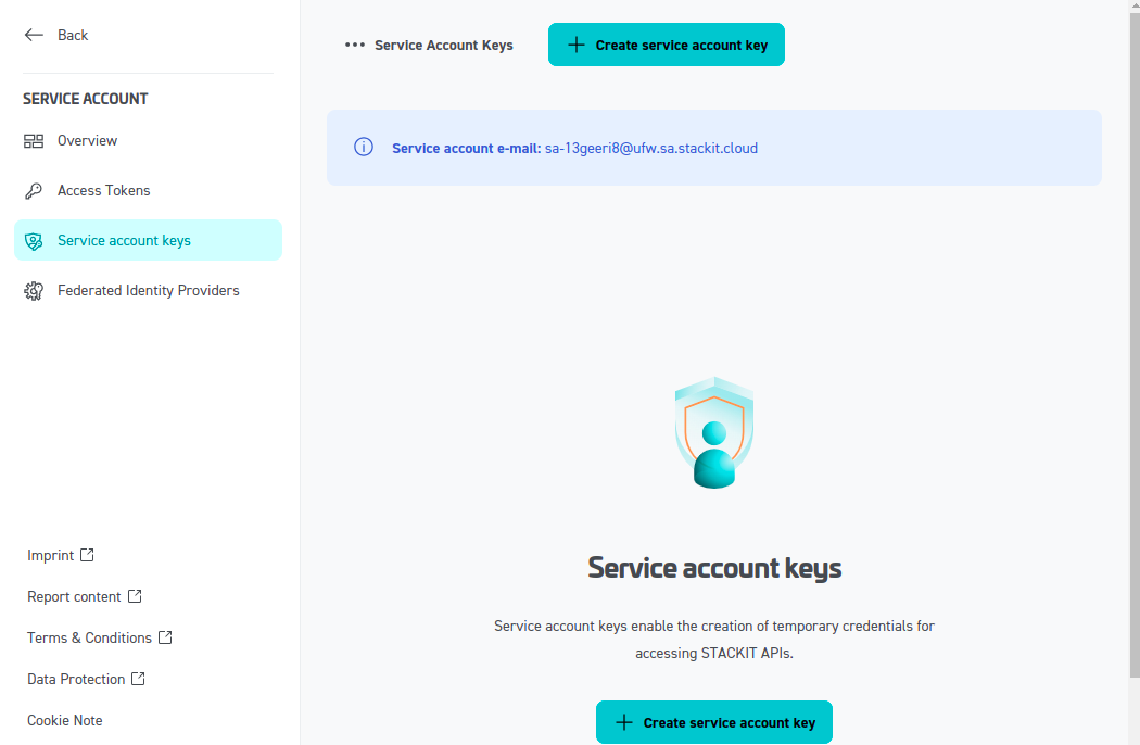 STACKIT initial configuration - Service account keys page