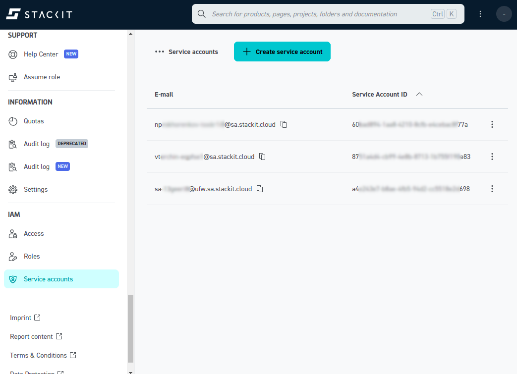 STACKIT initial configuration - Service accounts page