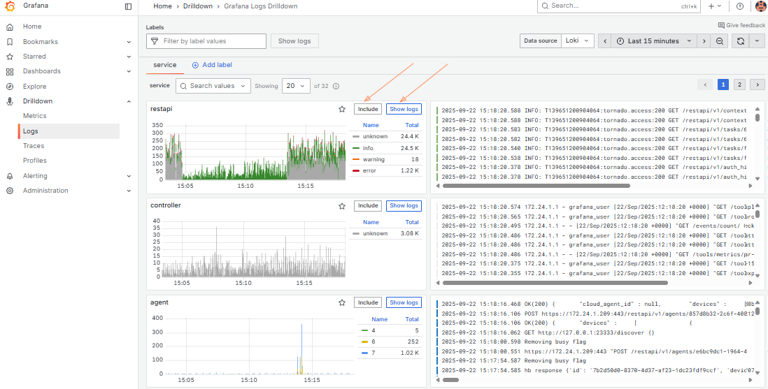 Include and show logs buttons