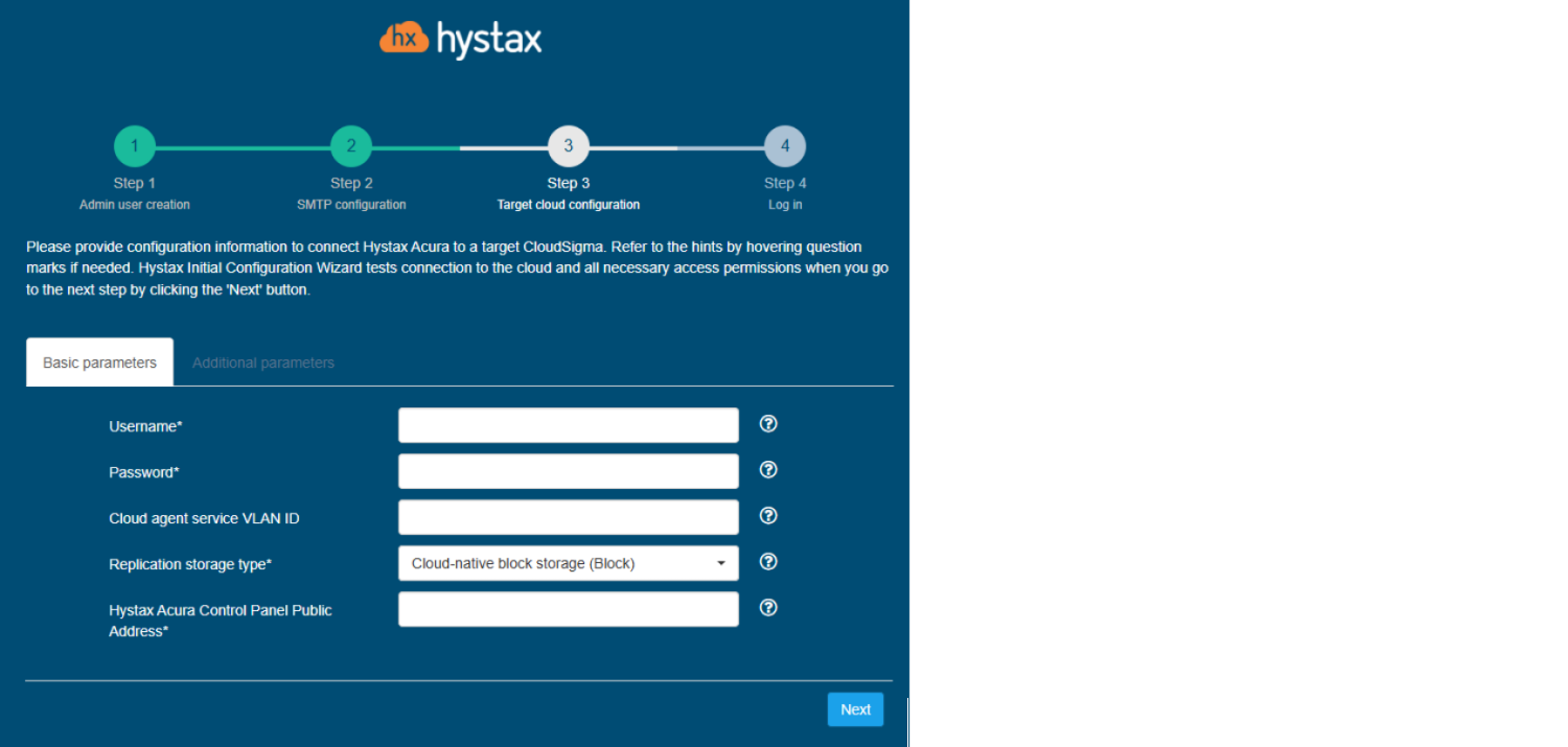 Initial product configuration - Setup Wizard Step 3: CloudSigma target cloud configuration