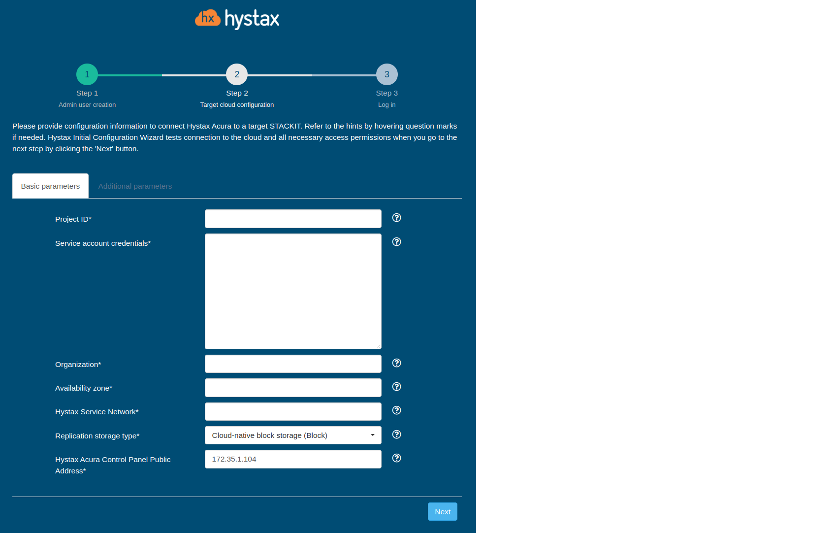 Initial product configuration - Setup Wizard Step 3: STACKIT target cloud configuration