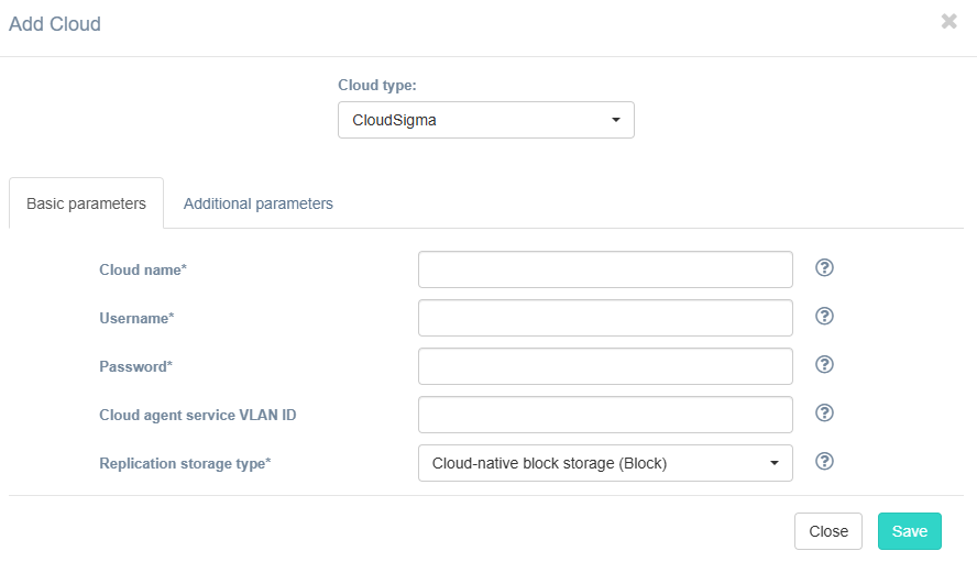 Target cloud configuration - CloudSigma Manage Clouds dialog with Basic Parameters tab