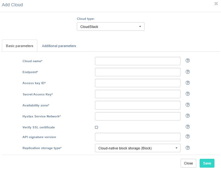 Target cloud configuration - CloudStack Manage Clouds dialog with Basic Parameters tab