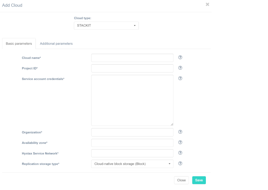 Target cloud configuration - STACKIT Manage Clouds dialog with Basic Parameters tab
