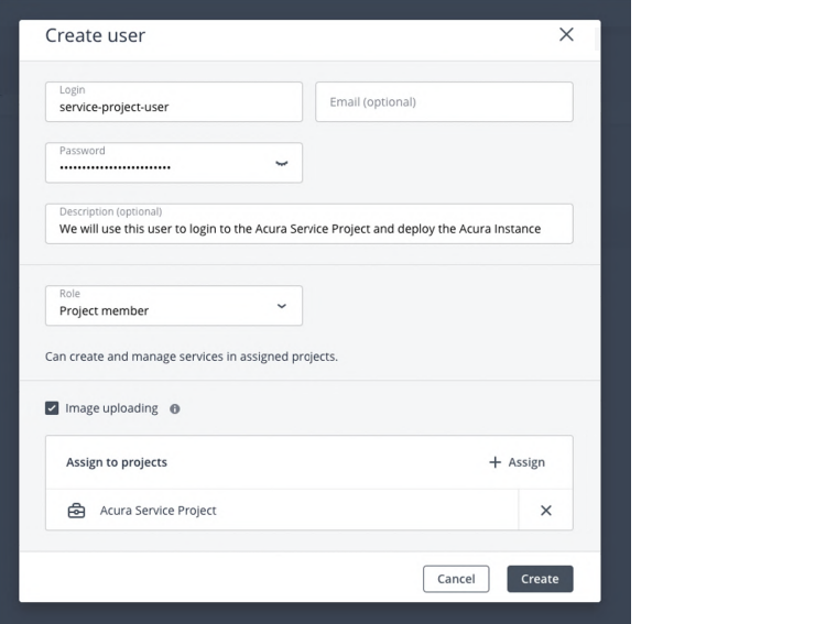 Virtuozzo: create user to deploy