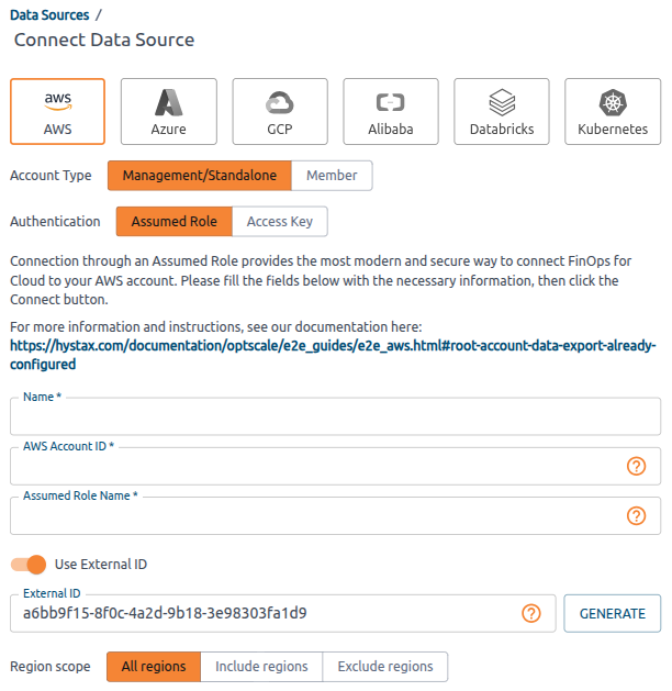 Account type, authentication method, and assumed role details on the Connect Data Source page