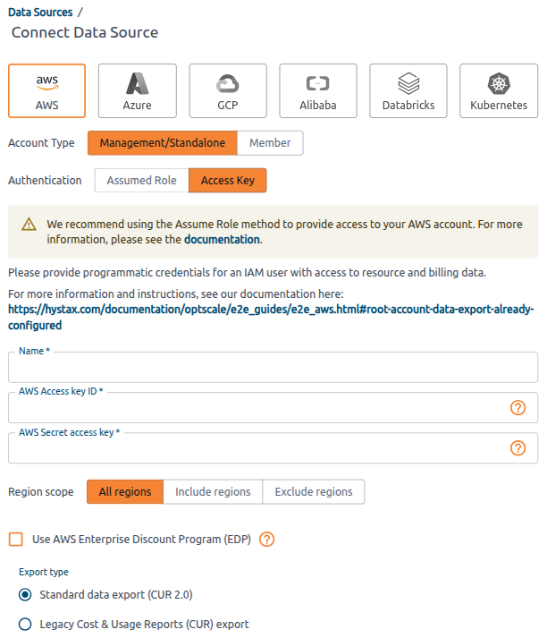 Account type, access key credentials, and export type on the Connect Data Source page