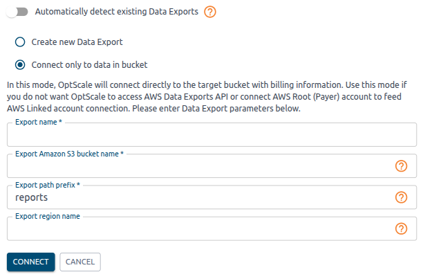 Data export parameters for a bucket that OptScale connects to directly