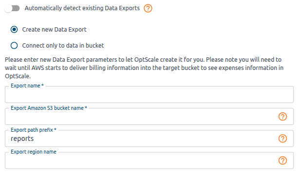 Parameters of a data export that OptScale creates in AWS
