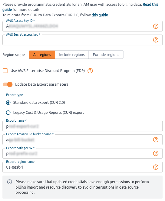 Update credentials dialog with the data export parameters of the new CUR 2.0 export