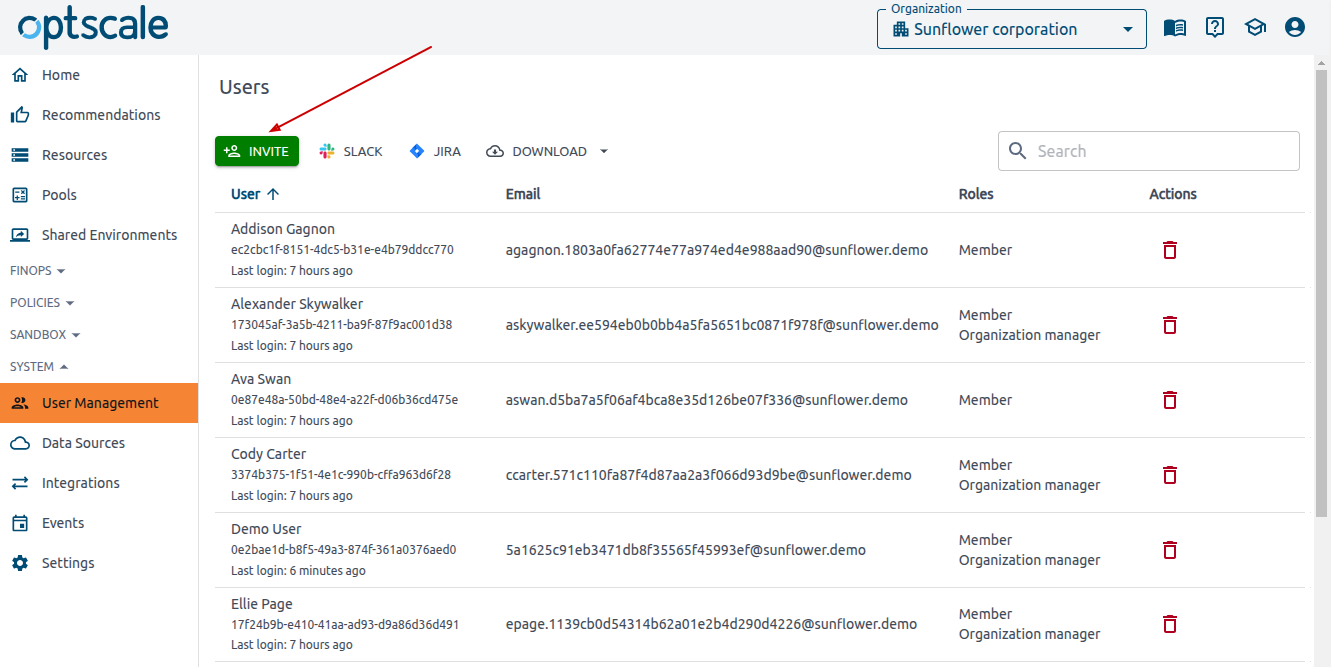 user management page