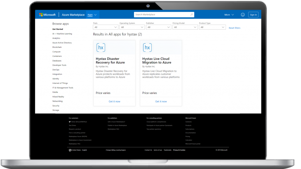 Hystax's solutions on MS Azure marketplace