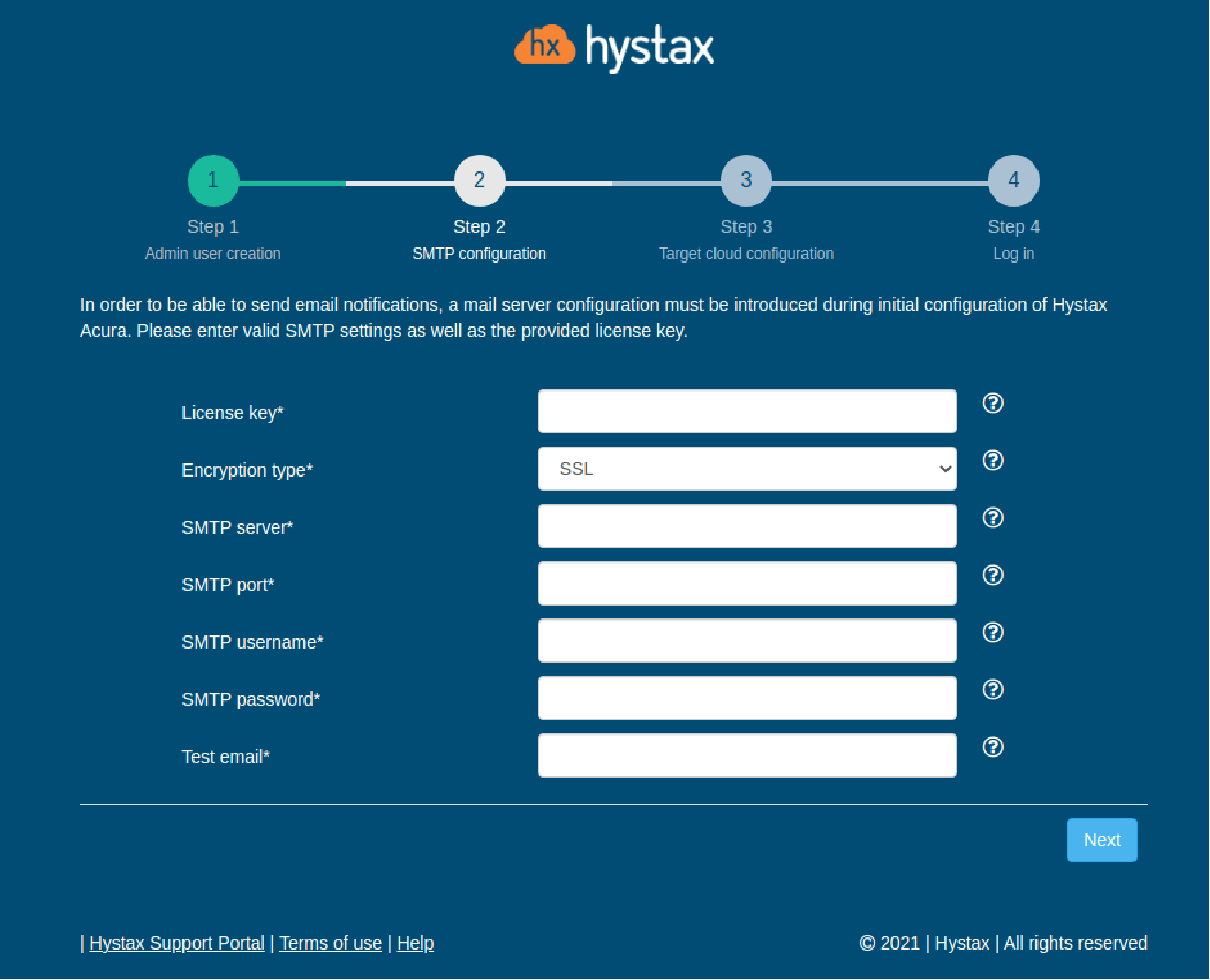 Hystax Acura installation AWS SMTP configuration
