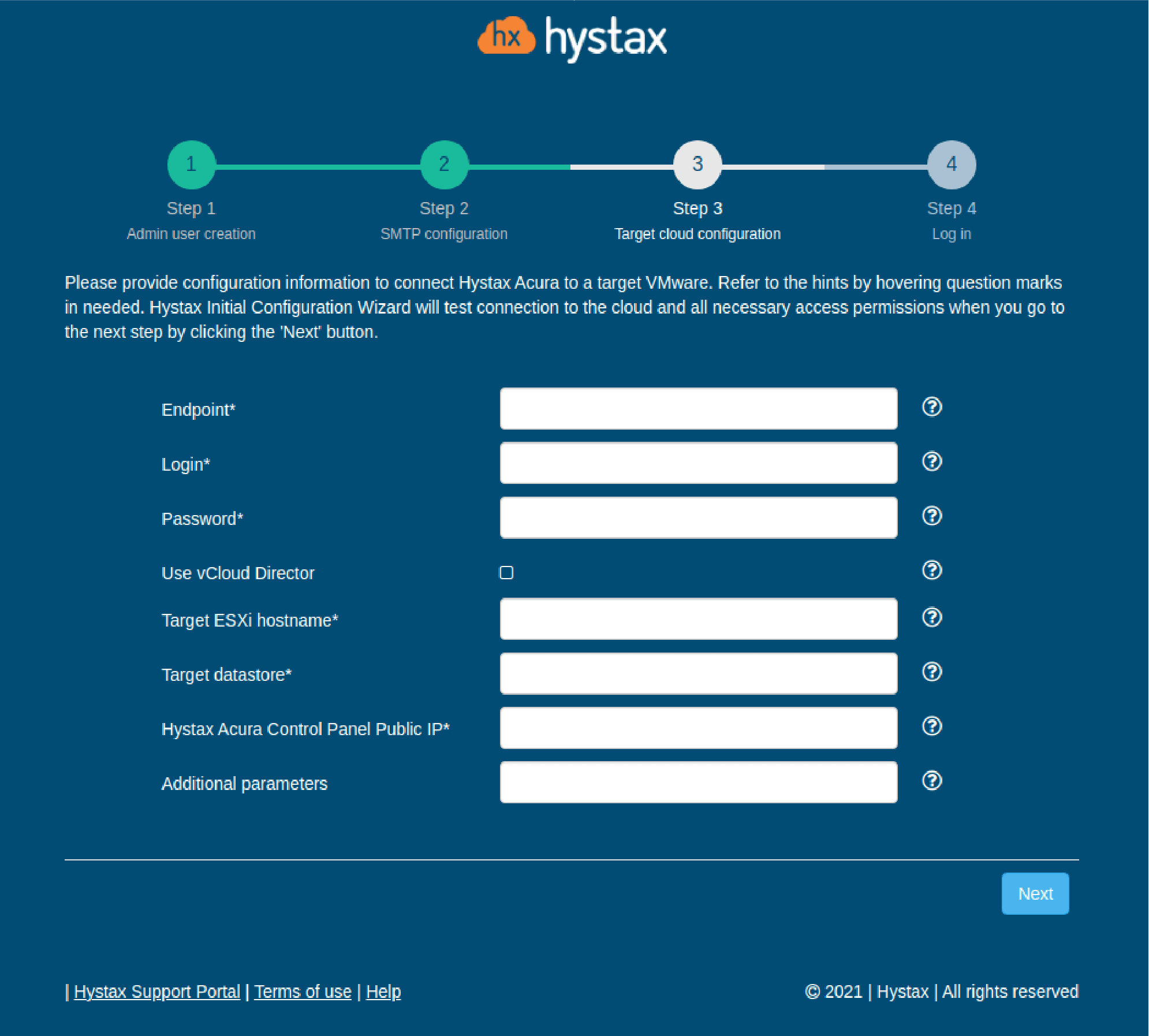 Hystax Acura installation VMware target cloud configuration
