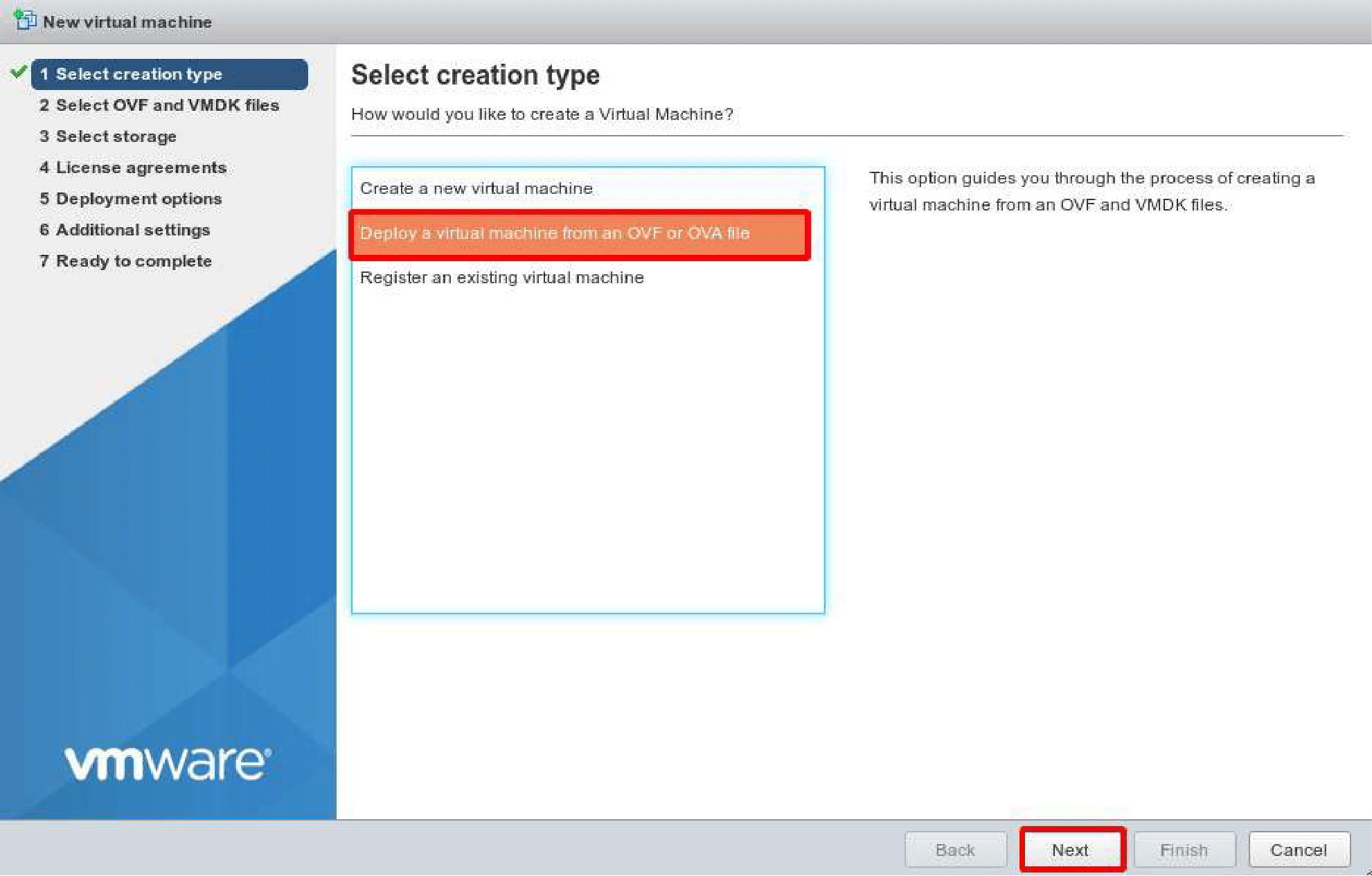 select creation VMware type