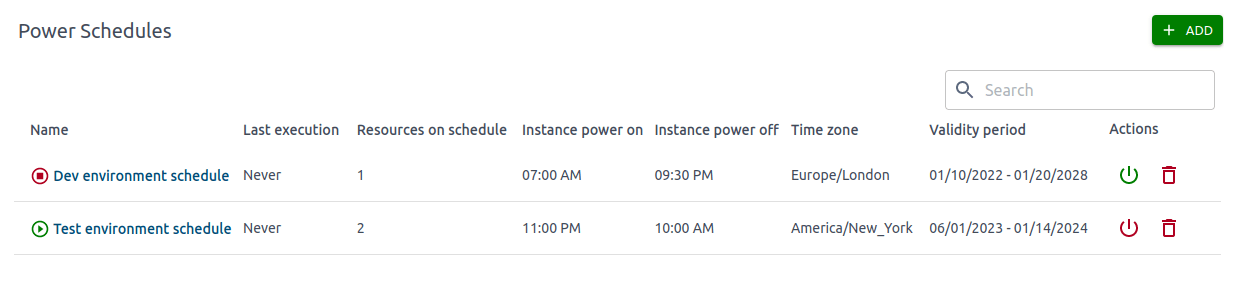 OptScale power schedule table
