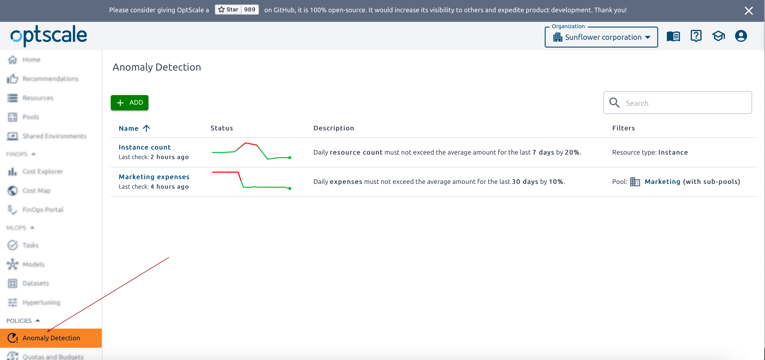 Anomaly detection page