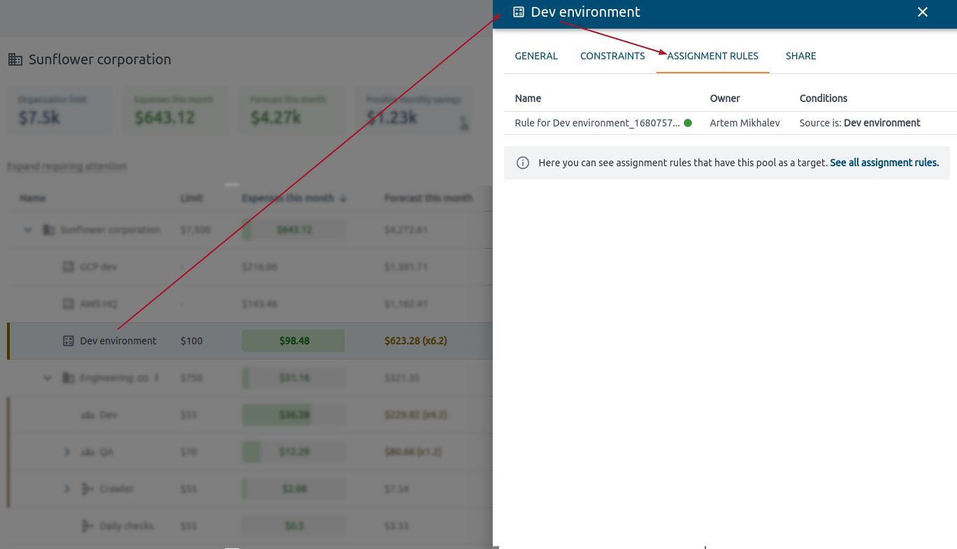 Assignment rules Tab for transferring resources