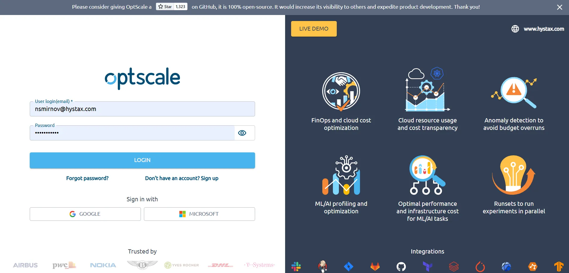 OptScale login